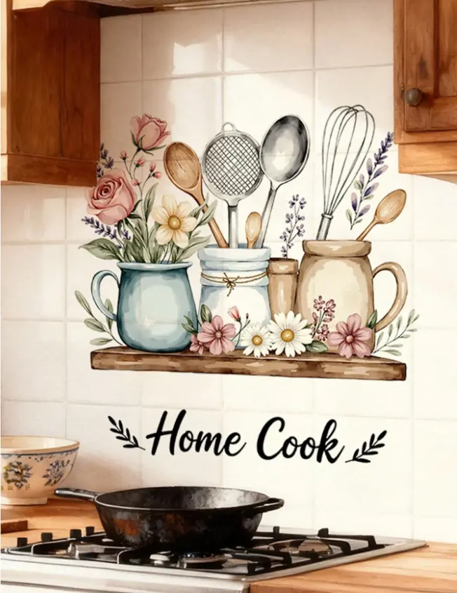 Kitchen Utensils Wall Decal with Floral Design – Removable Vinyl Cooking Wall Sticker, Rustic Farmhouse Kitchen Decor for Restaurant, Bakery, Dining Room & Home, 30×60cm