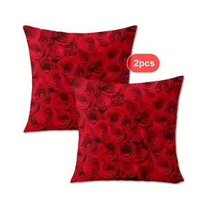 2pcs, Red Rose Throw Pillow Covers, Perfect for Living Room & Bedroom Decor, Valentine's Day decorations Single-sided printing, no pillow insert