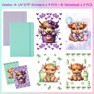 6 in 1 (2Pcs Notebooks + 4Pcs Bow & Cow Design UV DTF Stickers) , Self Adhesive Decals for Mugs, Laptops, Phones, DIY Gift for Cow Lovers