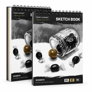 【Art Gift】 Four Candies 50 Sheets Triple-Tone Sketchbook (6.5"x9.5", White/Kraft/Black Mixed Pages), 130gsm Thick Multimedia Paper Top-Bound Art Drawing Pad