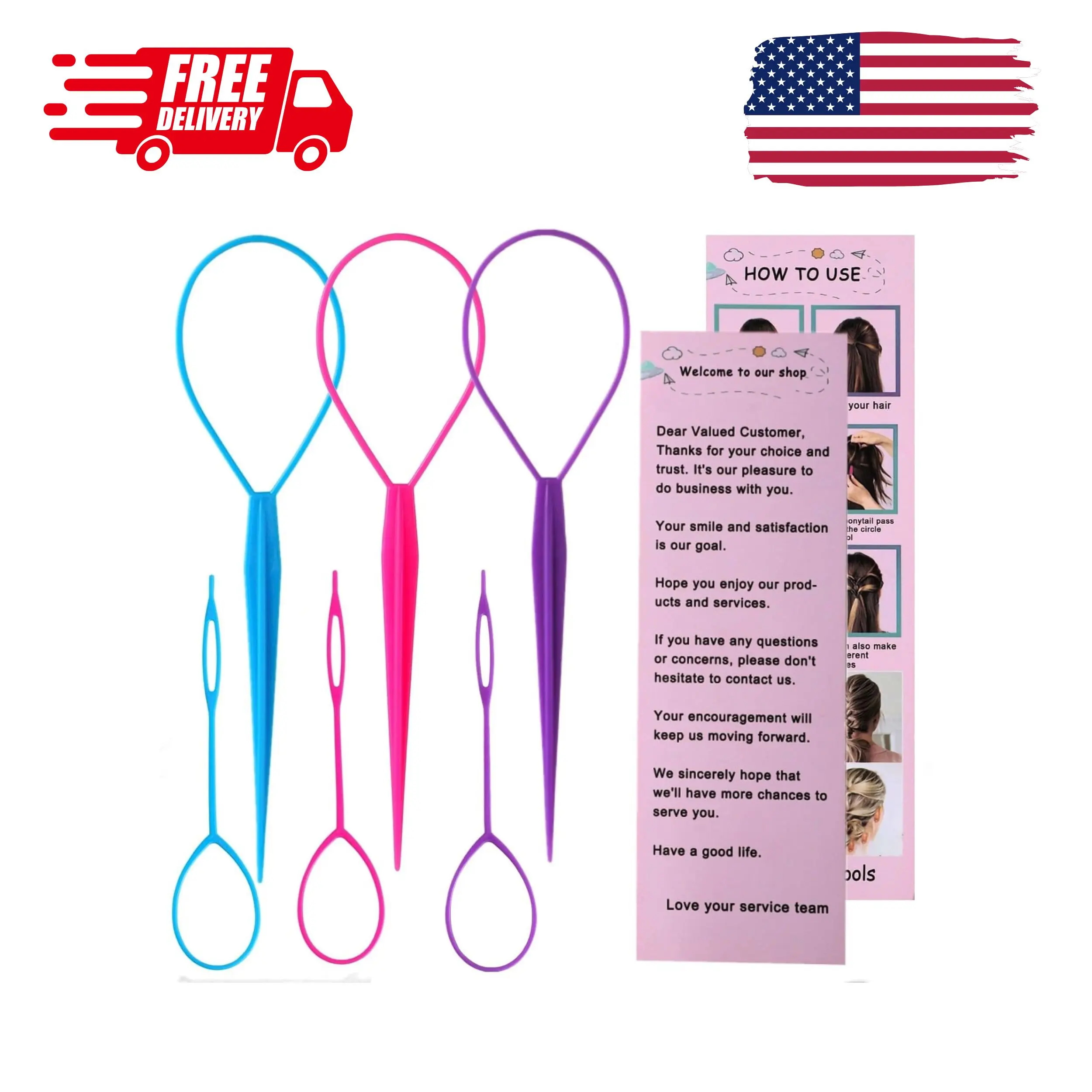 6pcs Topsy Tail and Hair Loop Styling Tool Set (Pink, Blue, Purple)