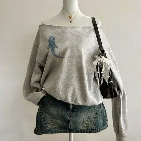 Women's Casual Loose-Fit Animal Print Long Sleeve Thick Sweatshirt Top, Comfortable, Asymmetrical Neck Cut Out Design, Perfect for Spring & Fall, Loungewear