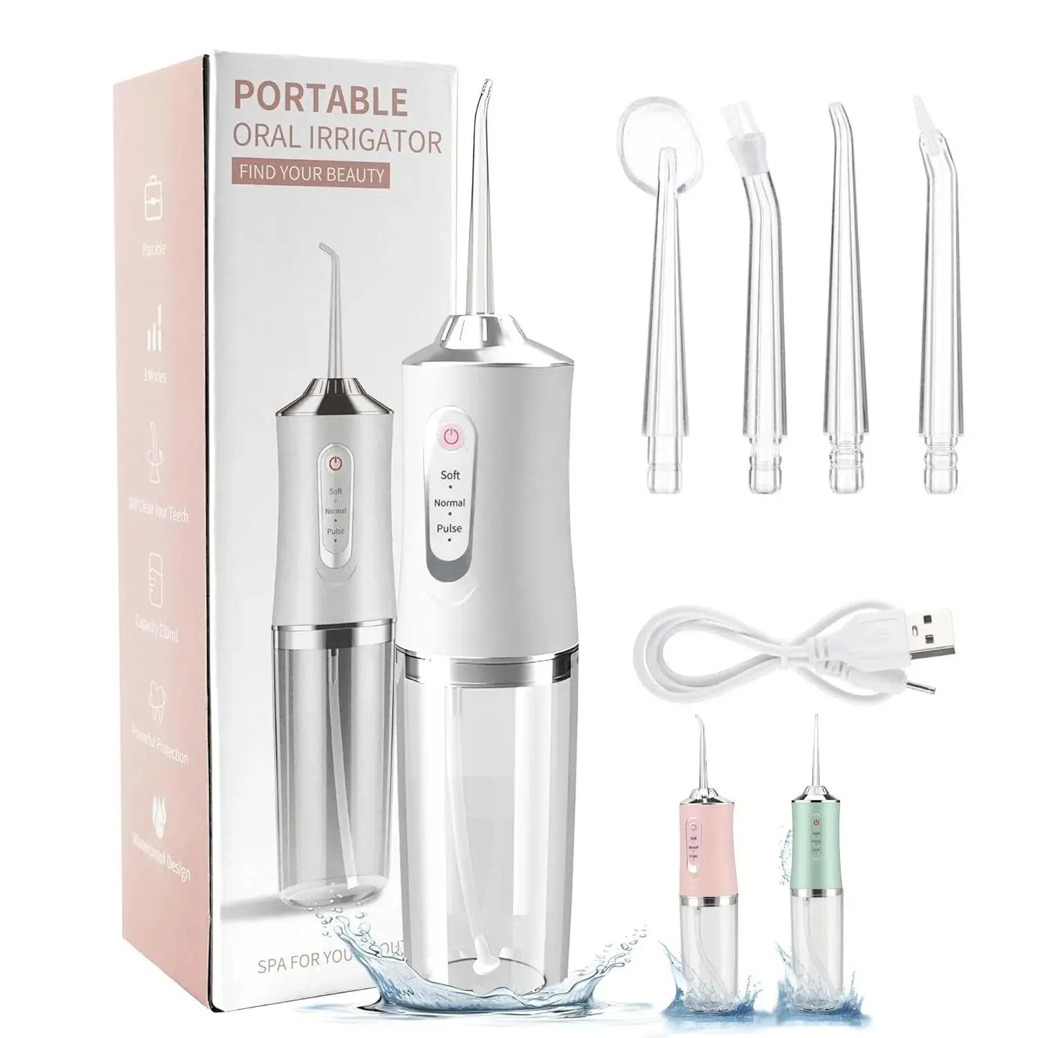 Cordless Water Flosser, Portable Oral Irrigator for Travel, Rechargeable with 3 Modes & 4 Jet Tips, Waterproof Teeth Cleaner for Gum Health, Travelers