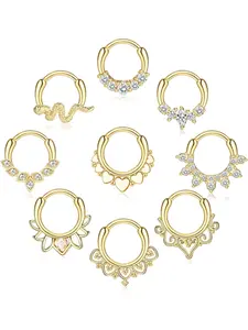 9Pcs Septum Jewelry 16G Daith Earrings Hinged Hoop Nose Rings 316L Stainless Steel Septum Clicker CZ Rings for Women Cartilage Helix Tragus Rook Hoop Daith Earrings 8MM/10MM