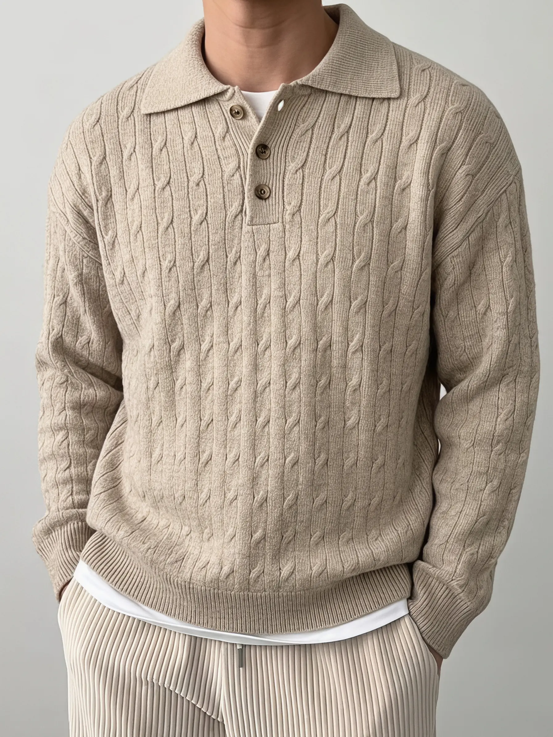 Men’s cable-knit polo sweater, soft textured pullover with button placket and turn-down collar, loose fit casual long-sleeve top for autumn everyday wear