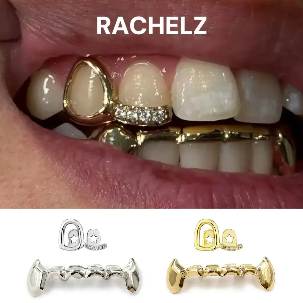 DIY Hip Hop Single Hollow Zircon Grillz, Punk Top & Bottom CZ Stone Tooth Caps Jewelry for Men & Women, Halloween Gift