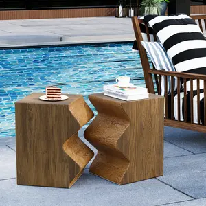 HOMPUS Outdoor Concrete Side Table w Faux Wood,Set of 2 Patio End Table Modern Vintage MgO,Lightweight Functional Combine Accent Table for Outdoor Use