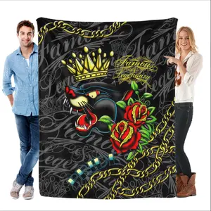 Old School Tattoo Black Panther Blanket, Crown Rose Gold Chain Fleece Throw, Famous Legendary Pride Soft Flannel Blanket for Tattoo Lovers, Vintage Chicano Style Cozy Blanket