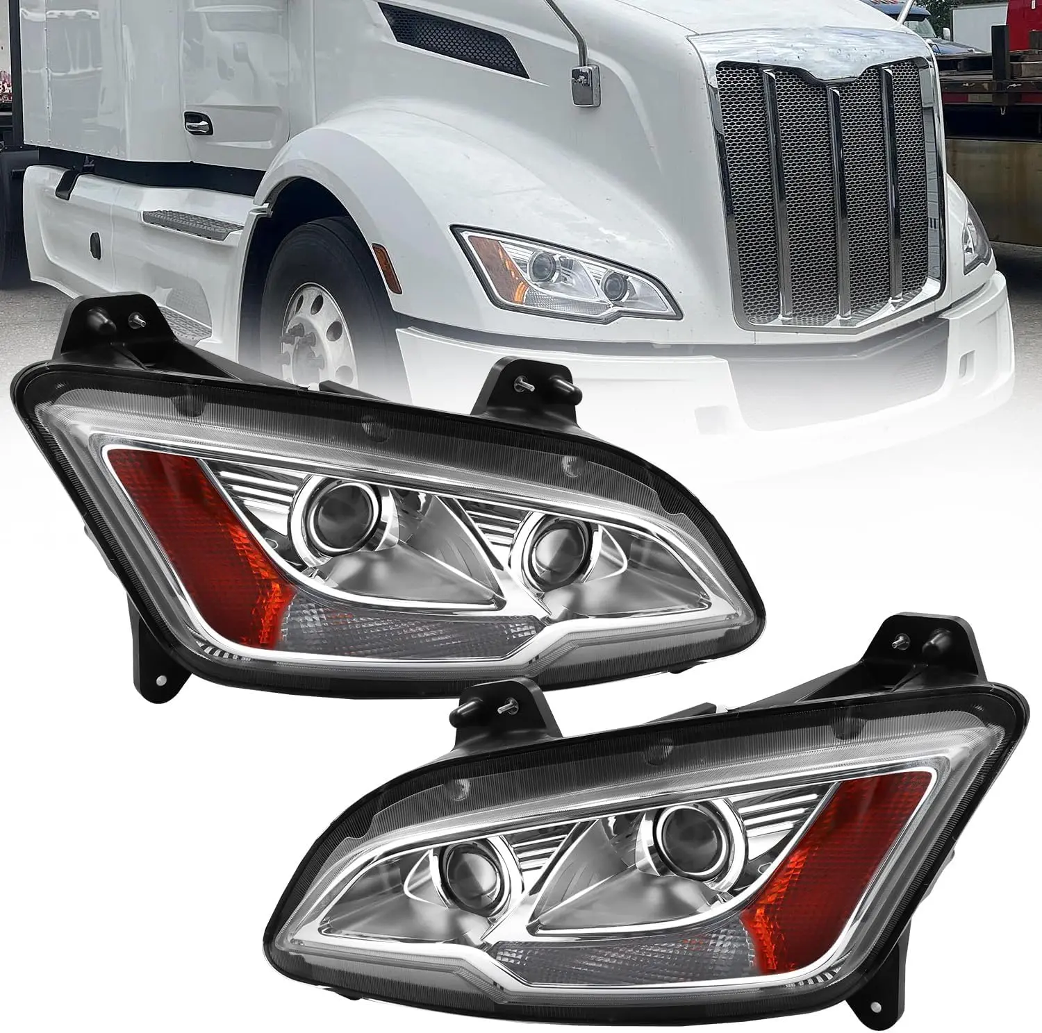 Halogen Headlight Assembly for 2022-2025 Peterbilt 579 Semi Truck, 4-in-1 Integrated Front Headlamp Left/Right/Pair Set, DOT Compliant Plug & Play OEM P54-6196-100