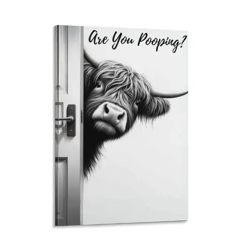 Minimalist Cheeky Humor Cow Bathroom Wall Art Sign - "Are You Pooping" Black & White Farmhouse Wood Animal Print, Decoration Artistic Multi-Size 8x12 to 24x36 In Framed/Unframed Premium Picture, Conversation Spark Home Decor Gift
