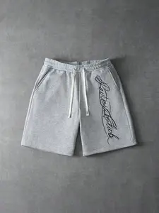 Unisex Gray Streetwear Sweat Shorts, Drawstring Waist Cursive Graphic Casual Shorts, Lightweight for Men Women, Ideal for Summer Daily & Workout