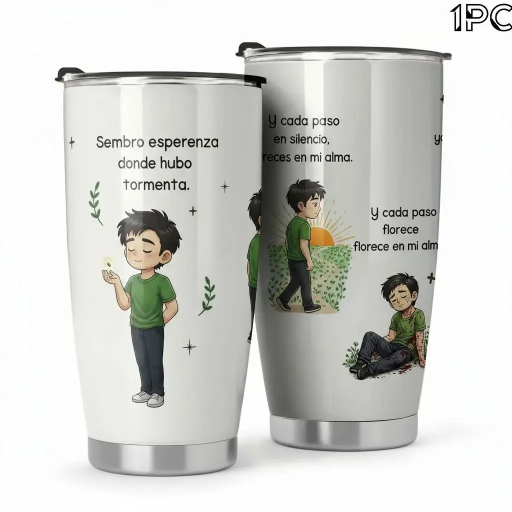 20oz Stainless Steel Vacuum Insulated Travel Tumbler, Illustrated Hope & Healing Thermos with Motivational Spanish Quotes: Plant Hope Amid Storms, Heal Wounds, Nurture Soul Growth. Insulated Coffee Mug, Perfect Thoughtful Gift for Him or Her