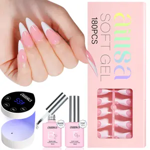 Aillsa French Style Nails Set- 180pcs Pink Nude Long Stiletto Nail Tips in 15 sizes, 4 Timers Setting UV Light with Auto Sensor,Base and Top coat, Easy to Wear gel x nail press on nails set Comfort DIY Winter Nail Art New Year Nails Manicure Cutics