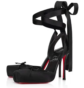 Christian Louboutin Cassia Lace Up 100 Black Tie Ballet Ballerina Sandal Heel Pump