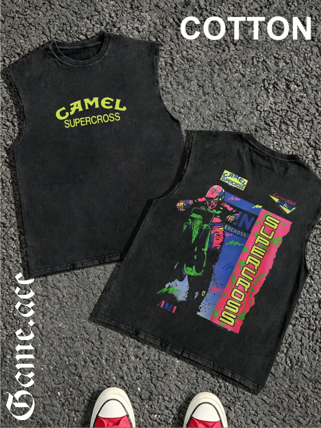 1 PCS Camel Supercross Dirt Bike Rider Front & Back Vintage Motocross Graphic Print, Retro Racing Streetwear, 100% Cotton Breathable Unisex Tank for Motocross Fans & Outdoor Casual Daily Wear