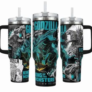 Godzilla King of the Monsters 40oz Tumbler With Handle, Kaiju Blue Black Stainless Steel Insulated Travel Mug, Full Wrap Monster Cup, 20oz 30oz 40oz Gift for Monster Fans