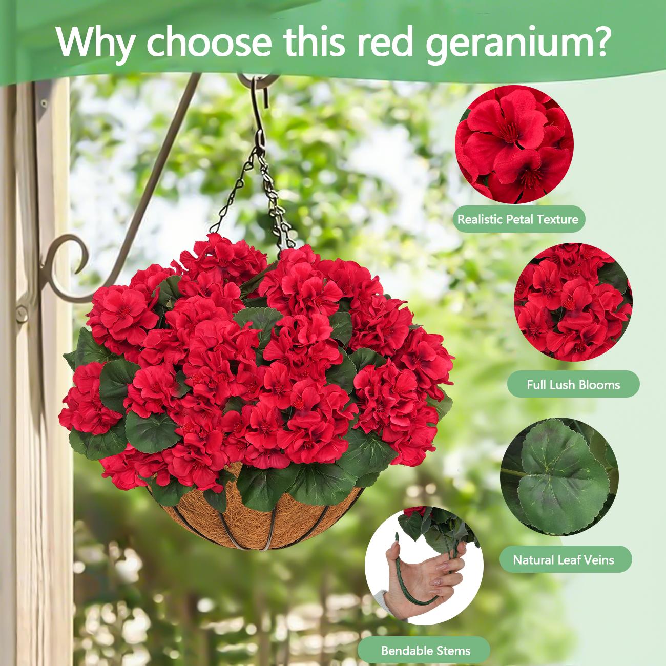 2pcs Artificial Geraniums with Hanging Baskets, 12 Bundles UV Resistant Artificial Outdoor Plants, Fake Red Flowers for Spring Front Porch Home Patio Balcony Yard Decor