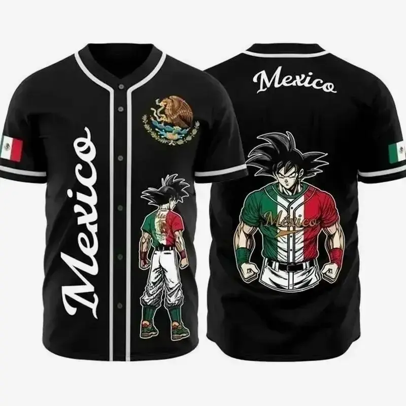 Mexican Heritage Anime Fighter Button Up Streetwear Top - Retro Spiky Hair Warrior Graphic Casual Short Sleeve Shirt - Premium Breathable Mesh Urban Fashion Gift