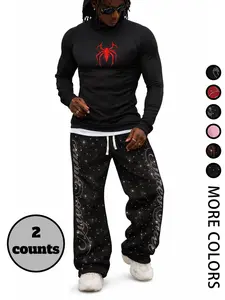 Men's 2-Piece Spider Print Compression Hoodie & Rhinestone Star Track Pants Set, Streetwear Athletic, Multiple Color Options