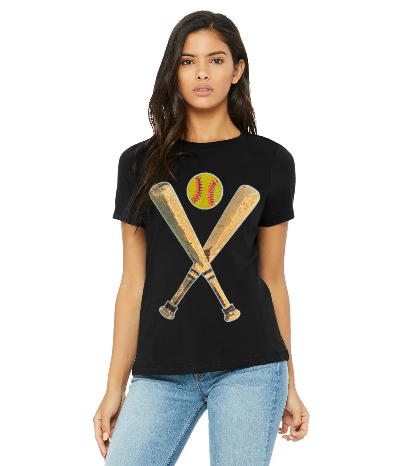 Women's Casual Contrast Sequin Softball Graphic Top - Round Neck, Shortsleeve Tee or Tank Top for Game Day, Bling, Hang Dry, Sequin Softball Bat And Ball, Sporty Chic, Athletic, Softball Tee, Sequin Fabric