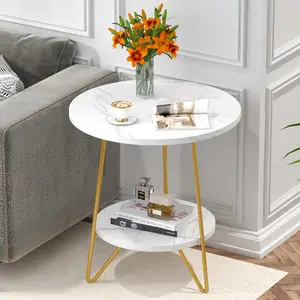 212 MAIN TB-J0202 18.7 in. Dual Tier Contemporary Round Top Faux Marble End Table - White & Gold, Metal Frame Modern Accent Table with Easy Setup, Contemporary End Table