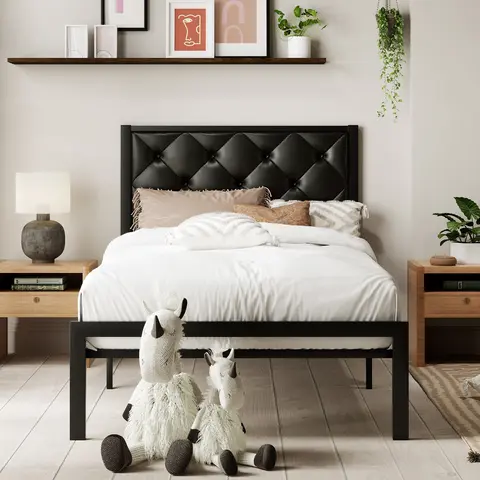 MUTICOR Metal Twin/Full/Queen/King Platform Bed Frame,Fabric Upholstered/Faux Leather Button Tufted Headboard【Frame Only No Mattress】17 Strong Slats Support, No Box Spring Needed,