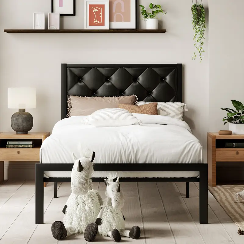MUTICOR Metal Twin/Full/Queen/King Platform Bed Frame,Fabric Upholstered/Faux Leather Button Tufted Headboard【Frame Only No Mattress】17 Strong Slats Support, No Box Spring Needed,