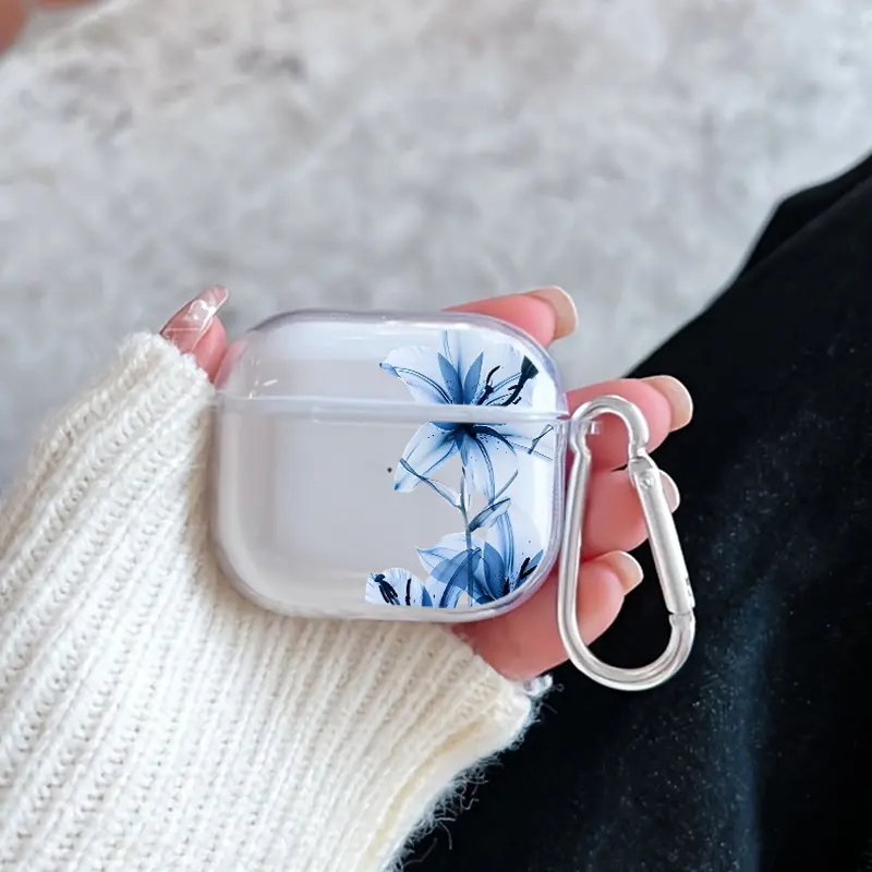 Blue Lily Grace Pattern Protective Case for AirPods 4/3/2/1/Pro/Pro2 Soft TPU Earphone Cover, Transparent with Keychain
