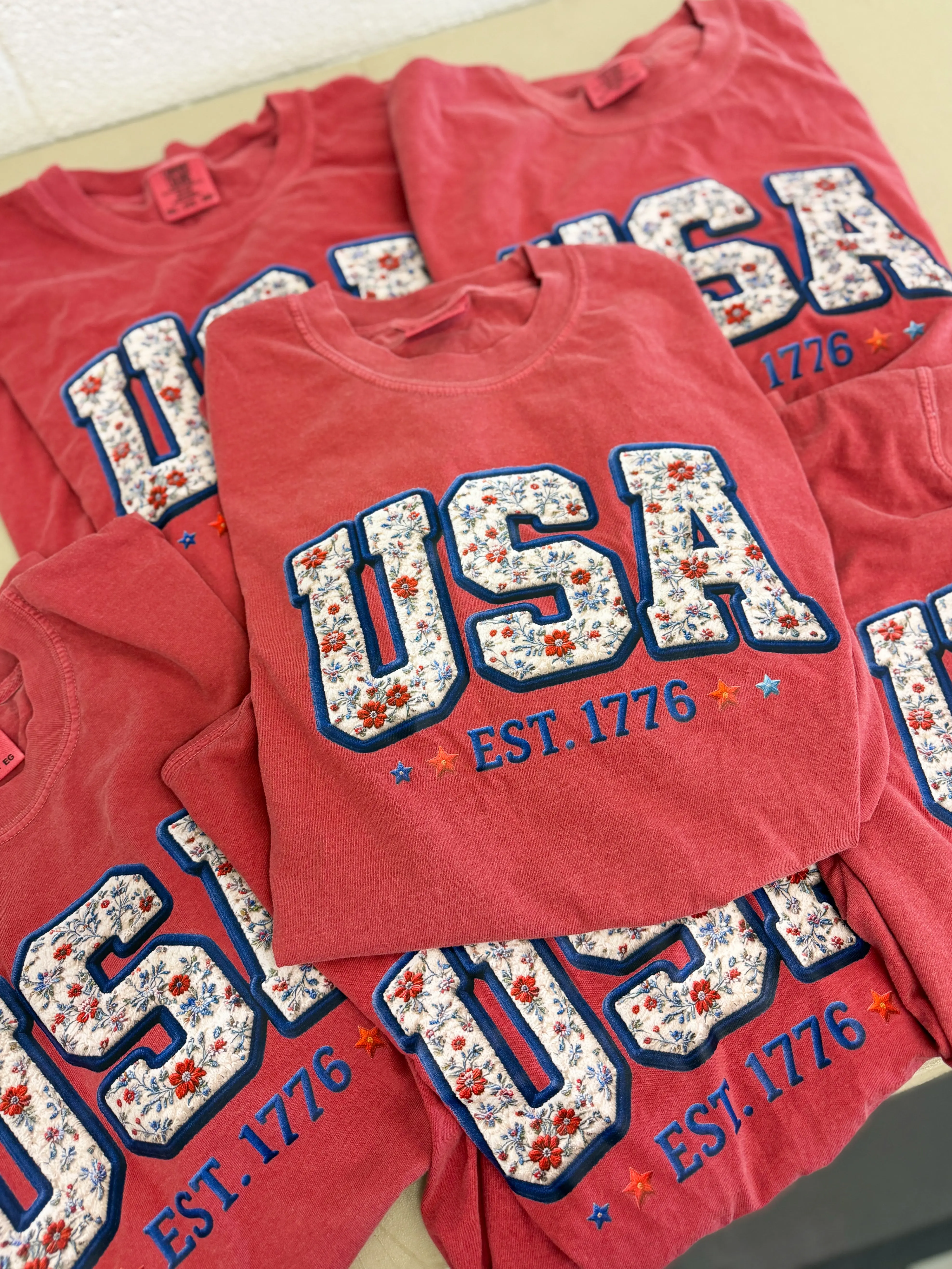 PREORDER: USA Faux Floral Patch Graphic Tee, Crimson