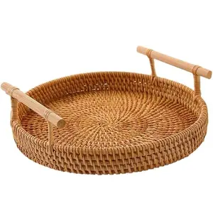 Limited time Deal-Natural Hand Woven Rattan Serving Tray Round Food Storage Vintage Decorative Rattan Wicker Tray Home Decorative Organizer
