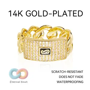 Cuban Chain Ring Iced out Cubic Zirconia 14 Gold Plated Design Iced Out Hip Hop personality Fashion Hip Hop Ring for Men and Women Streetwear Jewelry