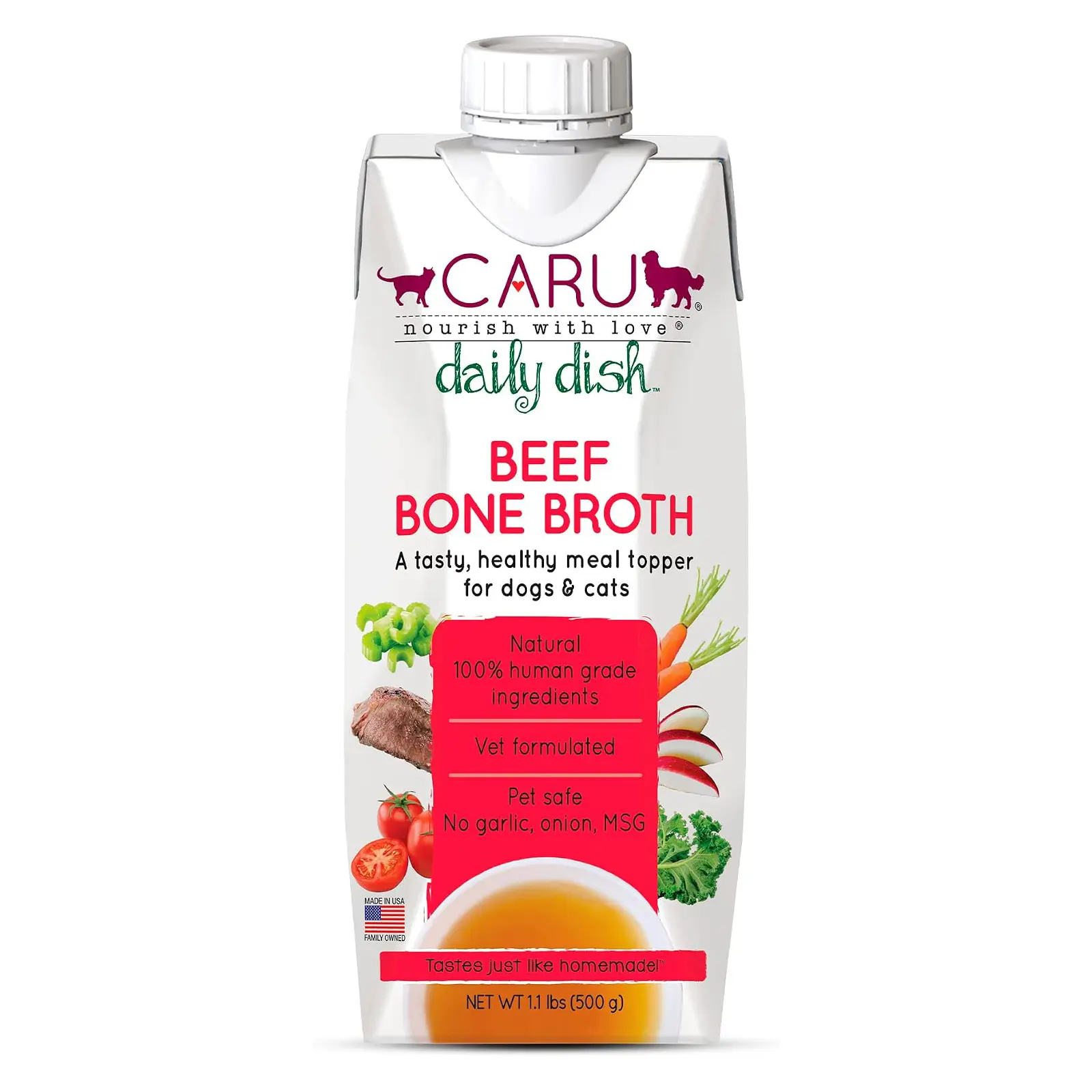 Caru Daily Dish Beef Bone Broth, Topper – Dogs & Cats – 17.6 oz, 1 Pack For Dogs & Cats - Supports Overall Health - Broth for Wet/Dry Food - Human Grade Ingredients - Non-GMO - Made in USA