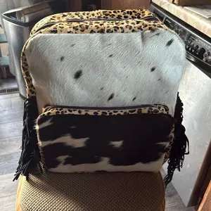 Leopard Print Cowhide Fringe Western Women's Backpack Large Capacity Cowhide & Leopard Trim