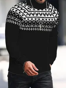 Men's Ethnic Pattern Sweater, Casual Regular Fit Long Sleeve Crew Neck Jumper for Fall & Winter, Fashion Men's Knitwear for Daily Wear