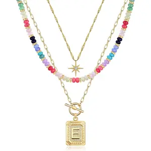 Layered Initial Necklaces for Women Trendy, Simple Star Choker Square Letter Pendant Necklace, Colorful Beaded Necklaces Jewelry Gifts