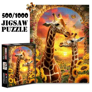1pc 1000 piece adult puzzle 70x50cm Two Giraffes in Sunflower Field with Stone Arch and Butterflies 500 pieces of paper jigsaw puzzle, suitable for adults and families, large-scale DIY puzzle inter