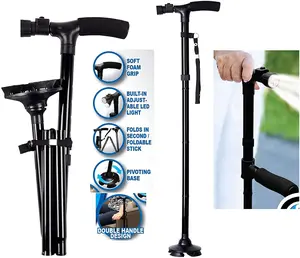 [Adjustable LED | Aluminium] Adjustable LED Collapsible Trekking Poles | Aluminium Alloy Telescopic Walking Stick for Women/Men | Lightweight Travel for Walks, Daily,Hand-Carved Beech Wood Walking Cane