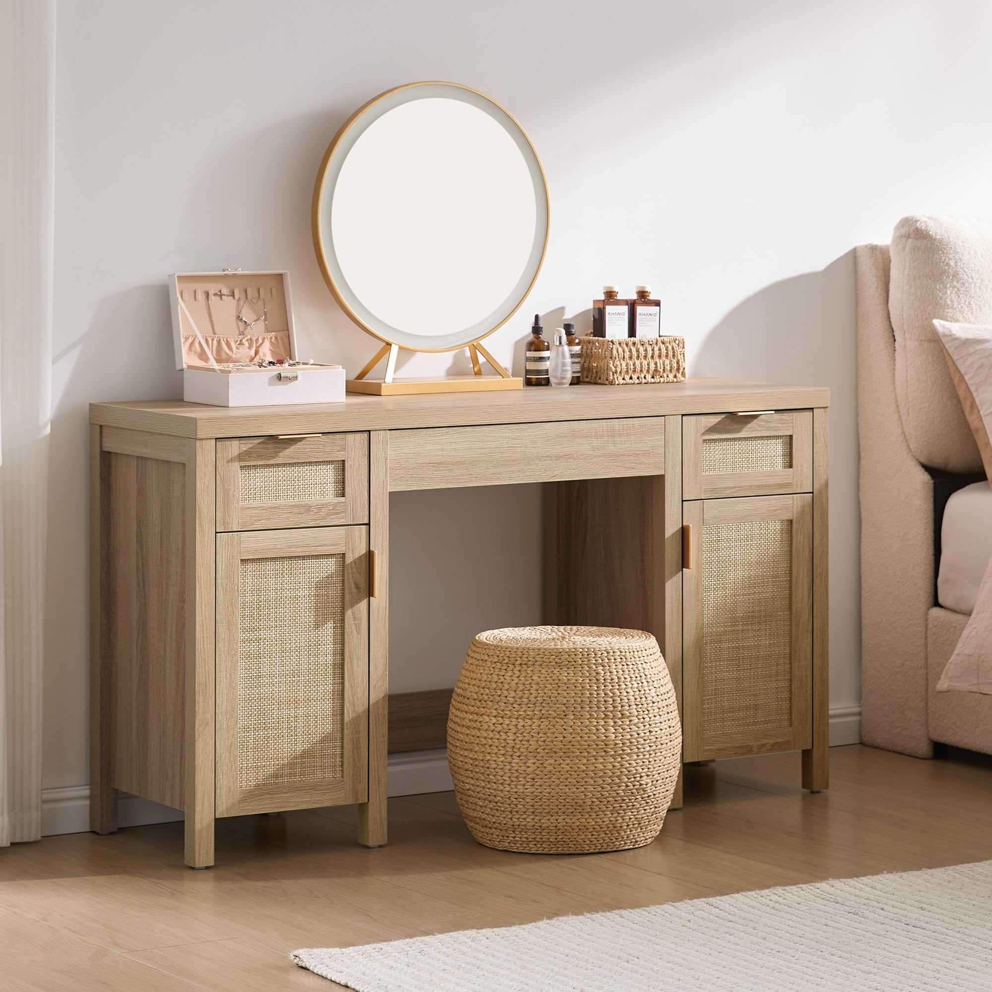 SICOTAS Rattan Vanity Home Office Desk - 52" Large Farmhouse Boho Makeup Vanity Dressing Table with 3 Drawers & 2 Storage Cabinets, Vanities Desk for Makeup Room,Bedroom, Home Office
