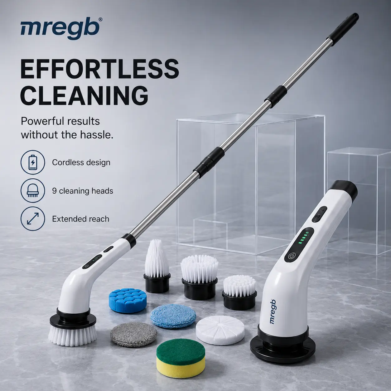 MREGB Cordless Handheld Rechargeable Spin Scrubber, Wireless Power Cleaning Brush Set with Adjustable Extension Handle, Replaceable Heads for Bathroom, Kitchen Surfaces, Cordless Handheld Scrubber