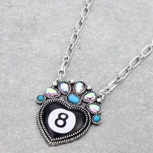 Western 8 Ball Heart Necklace with AB Stone Bling Pendant 2" x 1.5" Metal Coating Chain 18 Inches Lobster Claw Closure Glamour Accessory