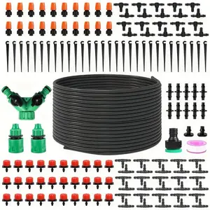 50 Foot Irrigation Kit with 148 Pieces 1/4 Inch Drip Irrigation System, 20 Sprinklers, 30 Emitters for Garden Lawn Potted Plants Greenhouse