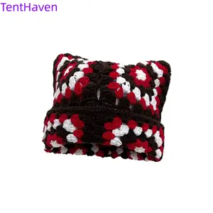 2026 Japanese hollow flower knitted hat cute cat ear hat versatile all season handmade knitted hat hollow yarn hat for women