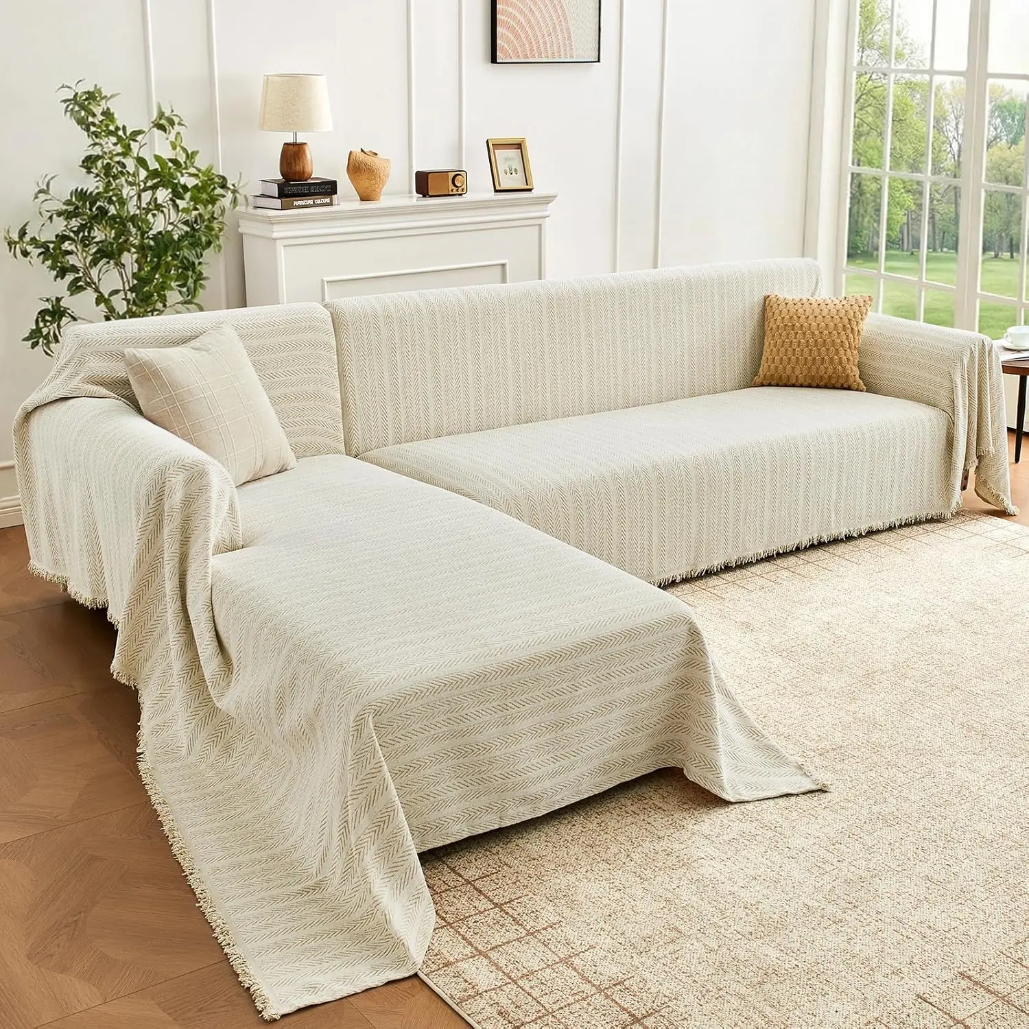 Inovaday 2-Piece Herringbone Pattern Sectional Couch Covers, Washable Fitted Slipcovers, L-Shaped Sofa Protector Blanket,sohochic
