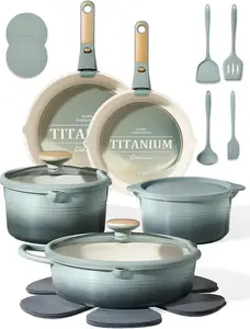 20Pcs Titanium Cookware Set, Pots and Pans Set Non Stick, Kitchen Cooking Set with Detachable Handle, Non Toxic Induction Cookware, Dishwasher/Oven Safe