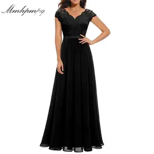 Women's Long Evening Dress, Solid Color Lace Patchwork Backless V Neck Elegant Dress, Simple  Clothes Formal Black