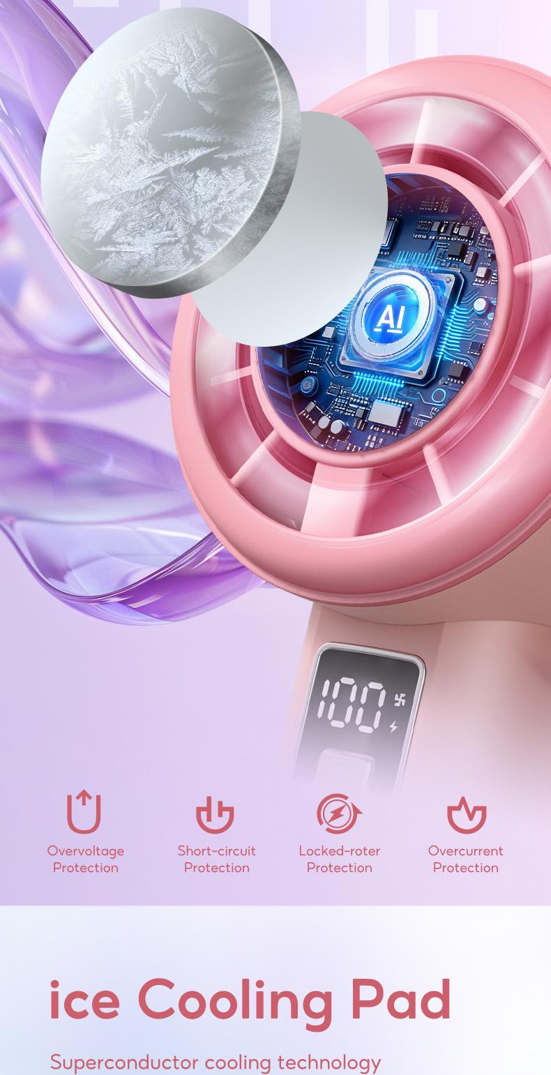 The Yodevoe 3-in-1 Mini Handheld Cooling Fan features 100 wind speeds and an icing function. This compact, foldable 3-in-1 neck/desktop/handheld fan has a pocket design, making it suitable for travel, summer, concerts, and even for casual use.