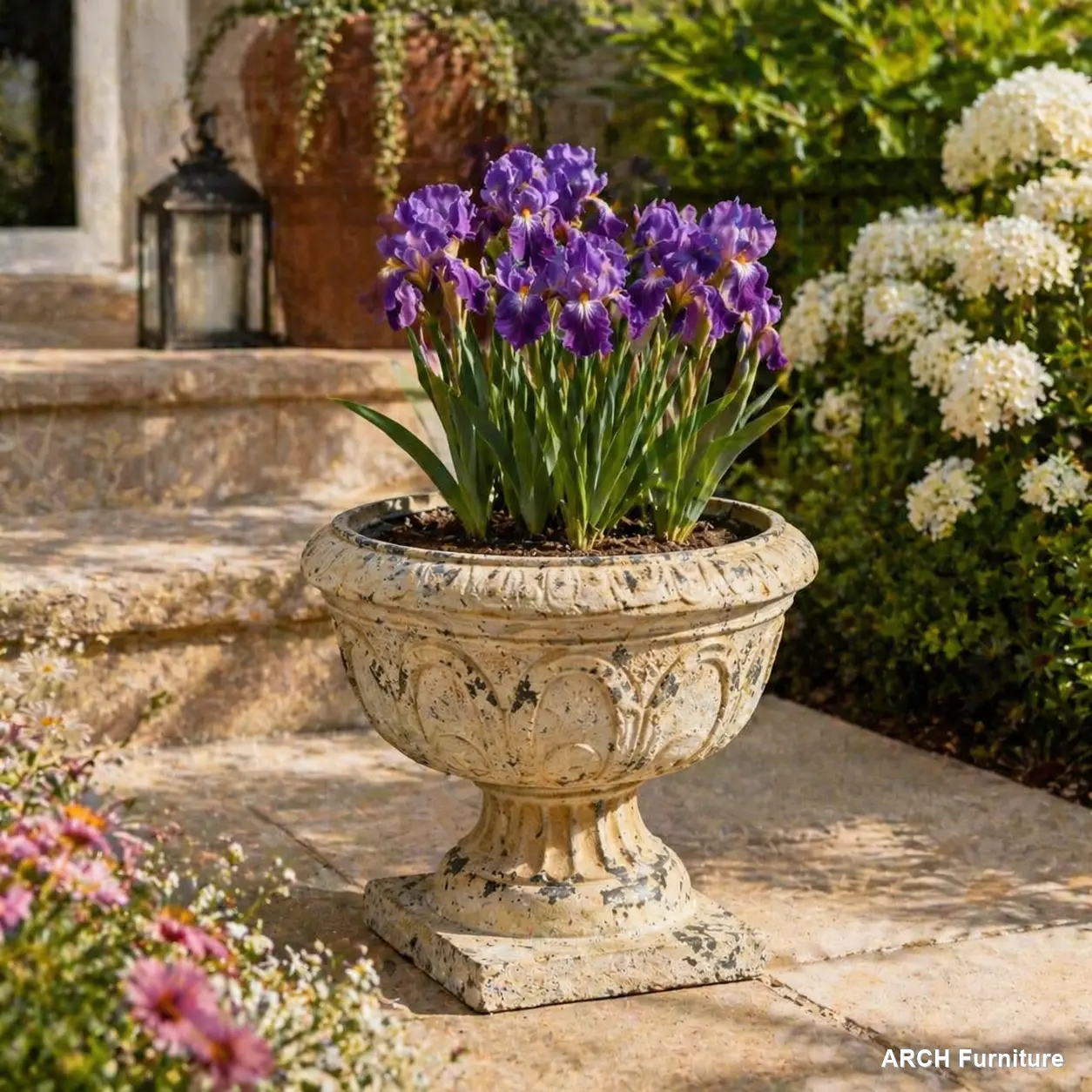 Antique Magnesium Oxide Arch Garden Planter - 17.71"w x 17.71"d x 14.56"h, 12.76 lbs, with Drainage Hole & Stopper, Decorative Stone Large Raised Outdoor Urn for Home Improvement Garden Supplies