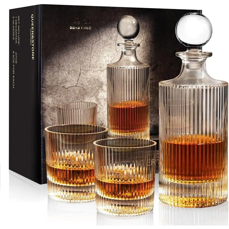 27Oz   Decanter Ribbed Set in Box,Decanter Set with 2 Glasses,Idea for  ,  Decanter Suit for Men and Women Father Coworkers