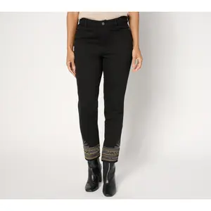 Susan Graver Petite Embellished Hem Straight Leg Jean - Black