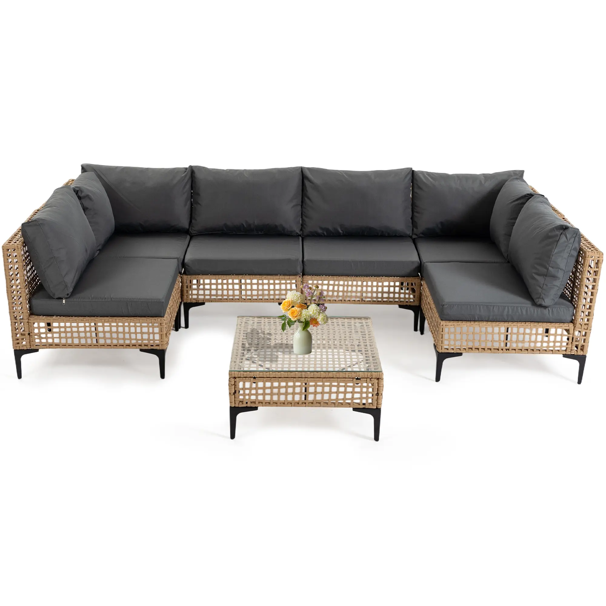 Jonpony 7-Piece Patio Furniture Set, Wicker Outdoor Conversation Set Sectional Sofa with Water Resistant Thick Cushions and Coffee Table